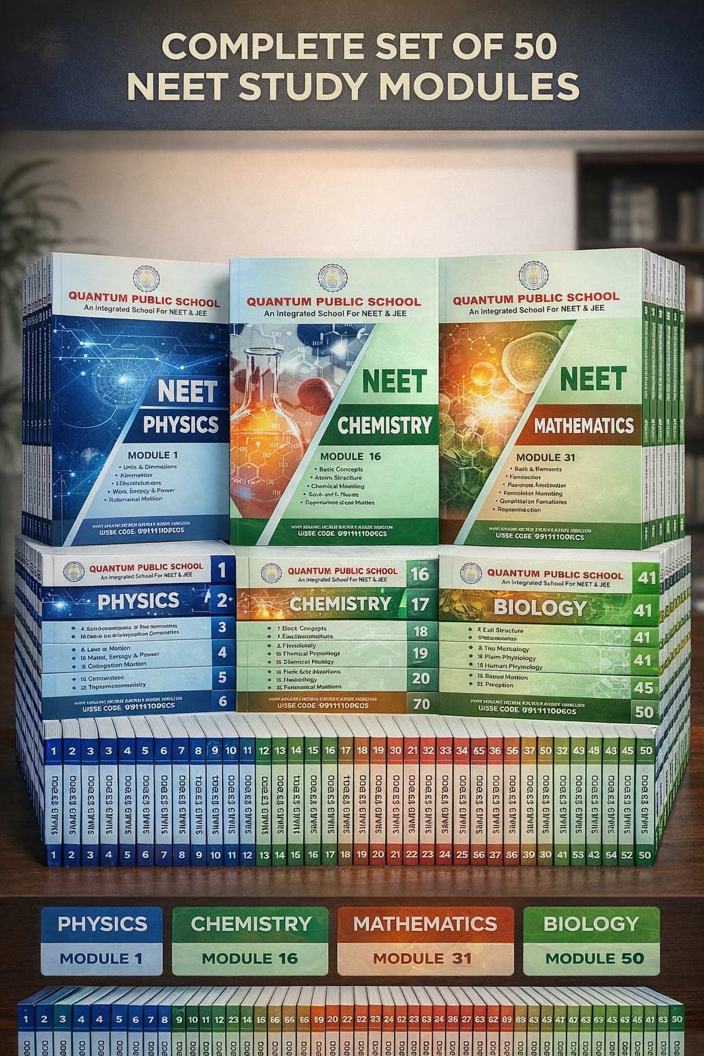 Complete set of 50 NEET study modules issued by Quantum Public School